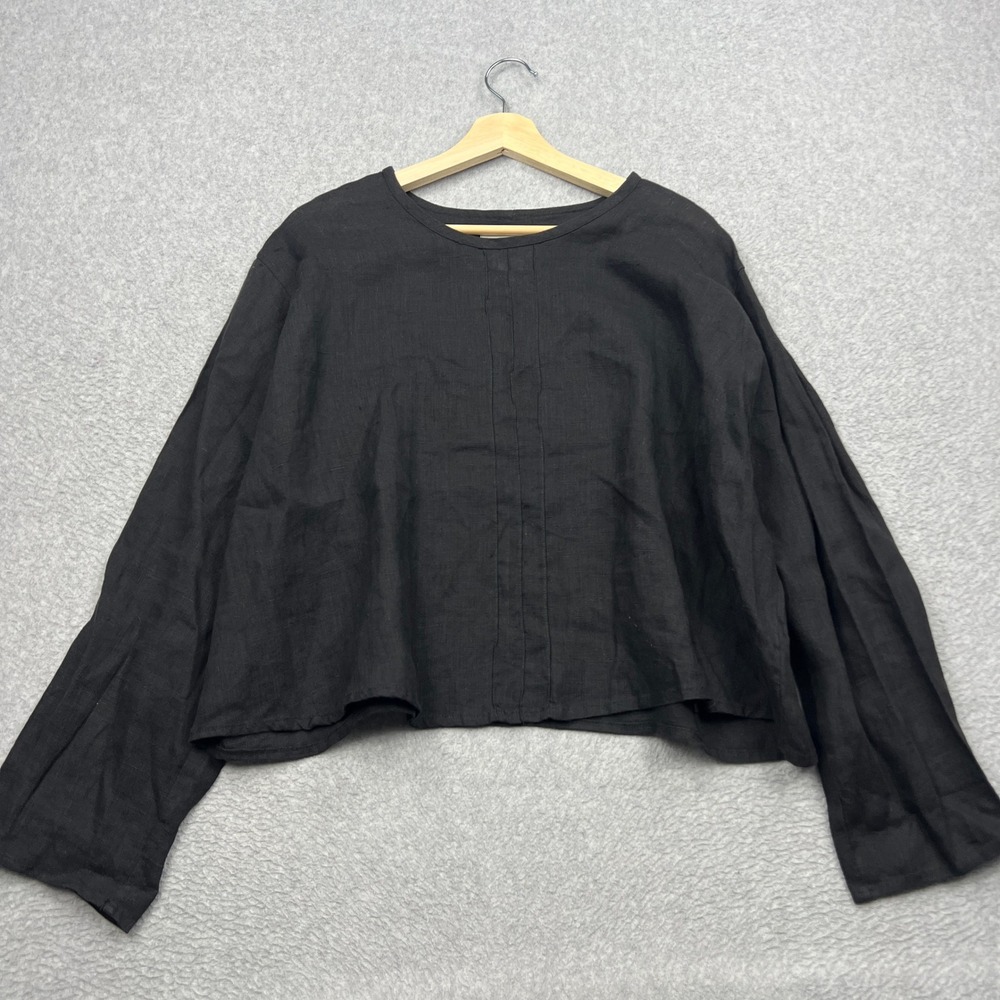 FLAX Blouse Top Womens Large Black 100% Linen Long Sleeve Boxy Relaxed Pullover